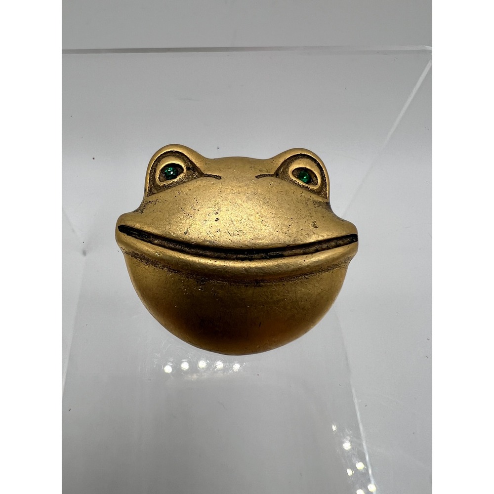 Whimsical Vintage Frog Head Pin with Green Rhinestone Eyes, Gold Tone